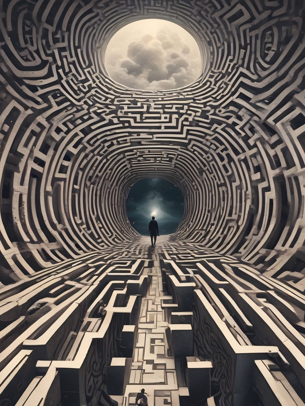 Surreal Maze Tunnel Art Print in Neutral Gray
